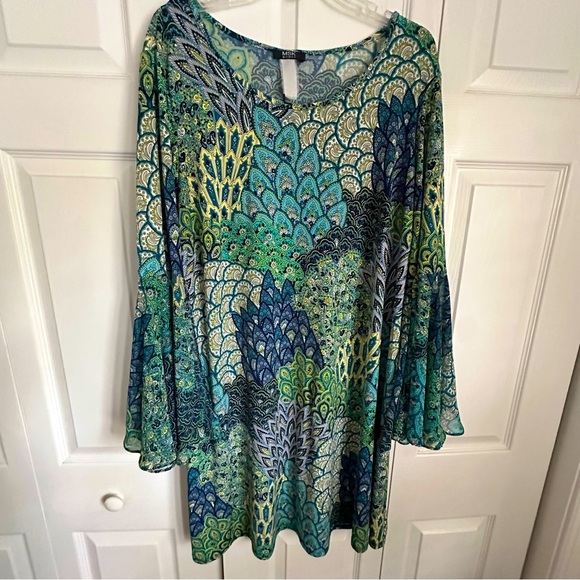 MSK Dress Womens L/XL Boho Tunic 70s Inspired Flowy Retro Bell Sleeve Stretch - Picture 11 of 11